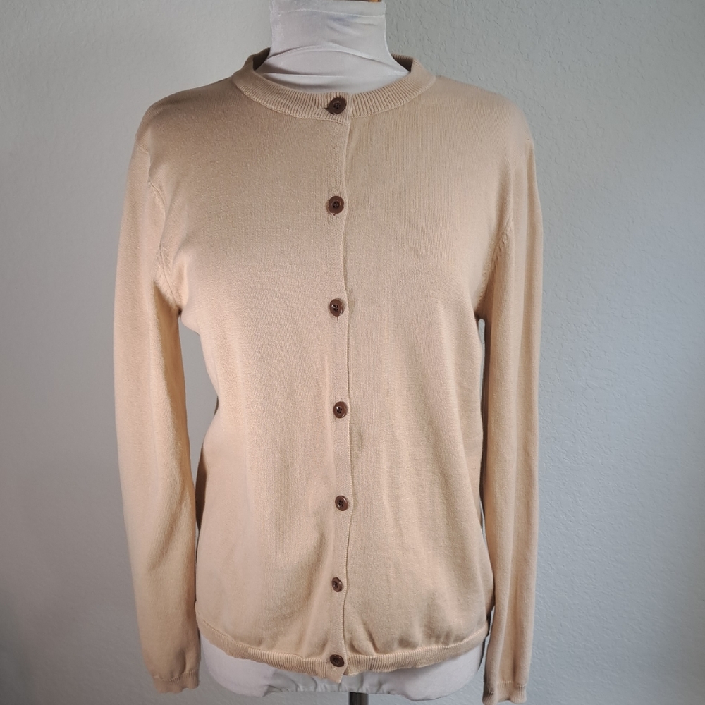Campure Women’s Sweater Beige Lighweight Crewneck Cardigan Cotton Buttons XL